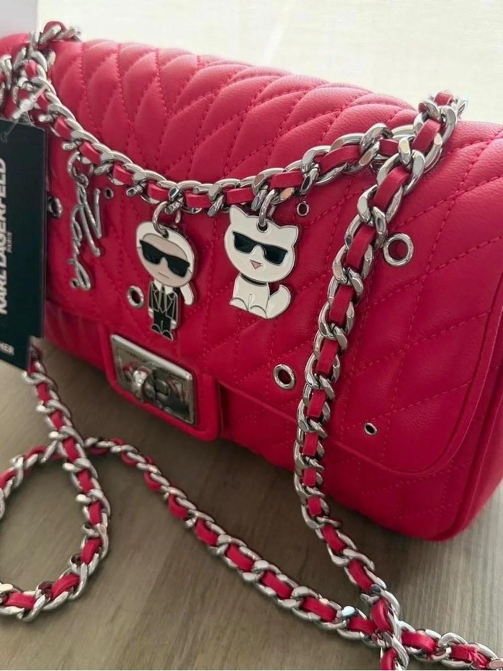 Karl Lagerfeld Quilted Red Chain Crossbody with Charm Accents